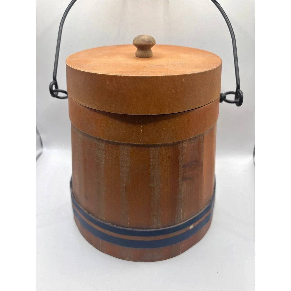 Rustic Wooden Decorative Bucket with Lid and Metal Handle Farmhouse Decor